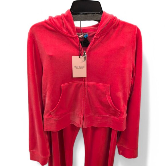 JUICY COUTURE BLING Velour TRACKSUIT Size L Pants + Hoodie 2 Piece Set Hot Pink - Picture 8 of 16